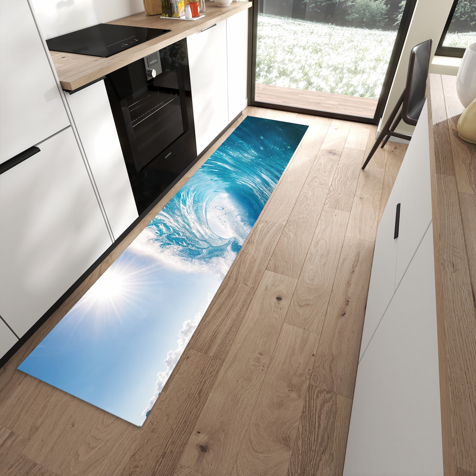 Rutschfester Küchenläufer mit Motiv Riesige Welle Strand schützt Böden in moderner Küche