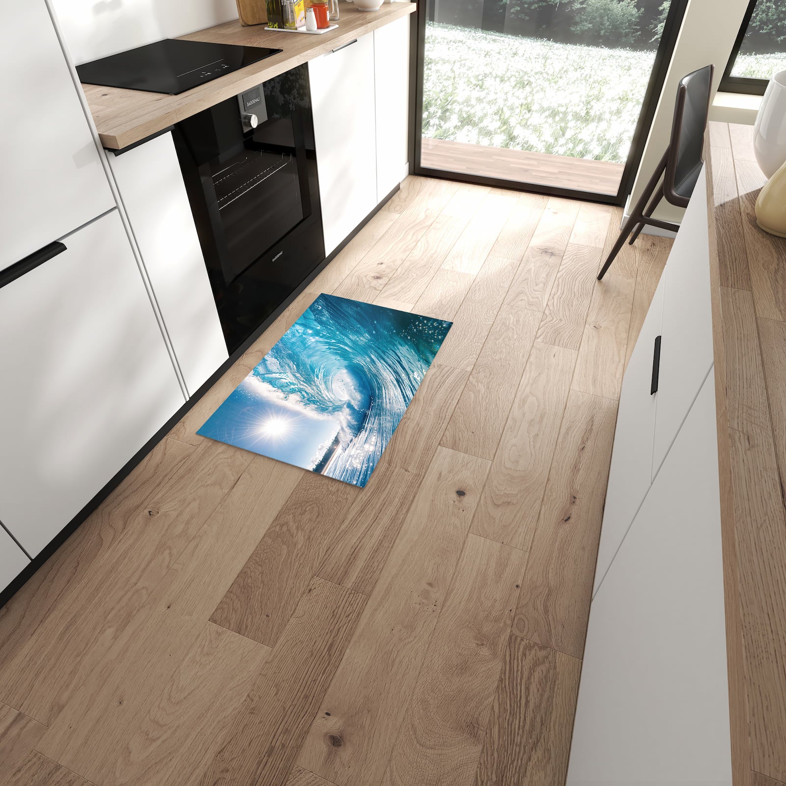 Bodenschonender rutschfester Küchenläufer mit Motiv Riesige Welle Strand in moderner Küche