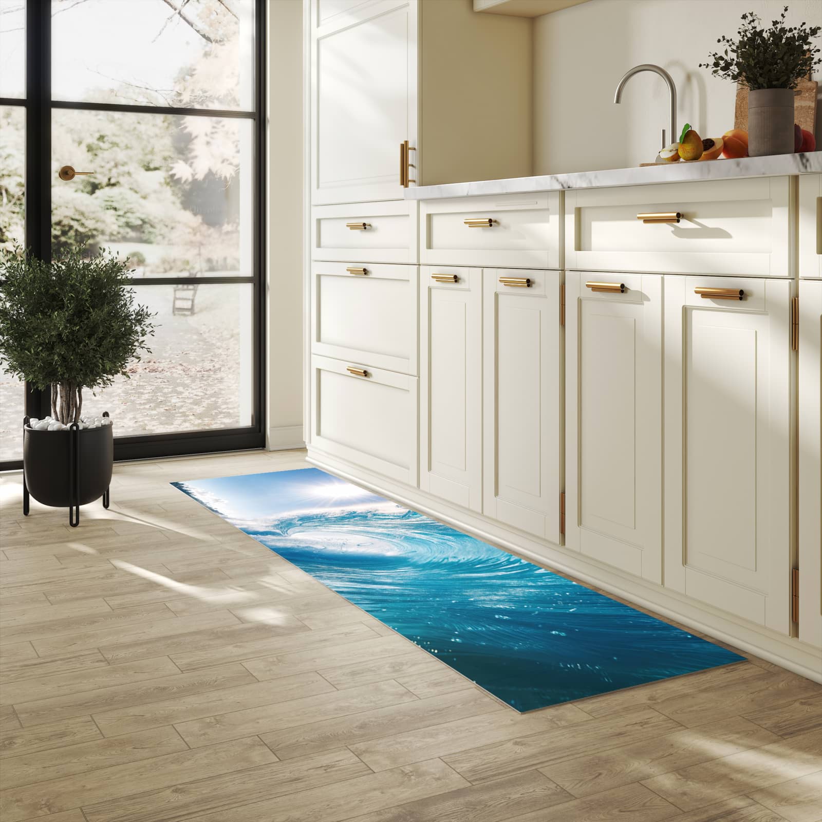 Strapazierfähiger Küchenteppich mit Motiv Riesige Welle Strand in heller Küche