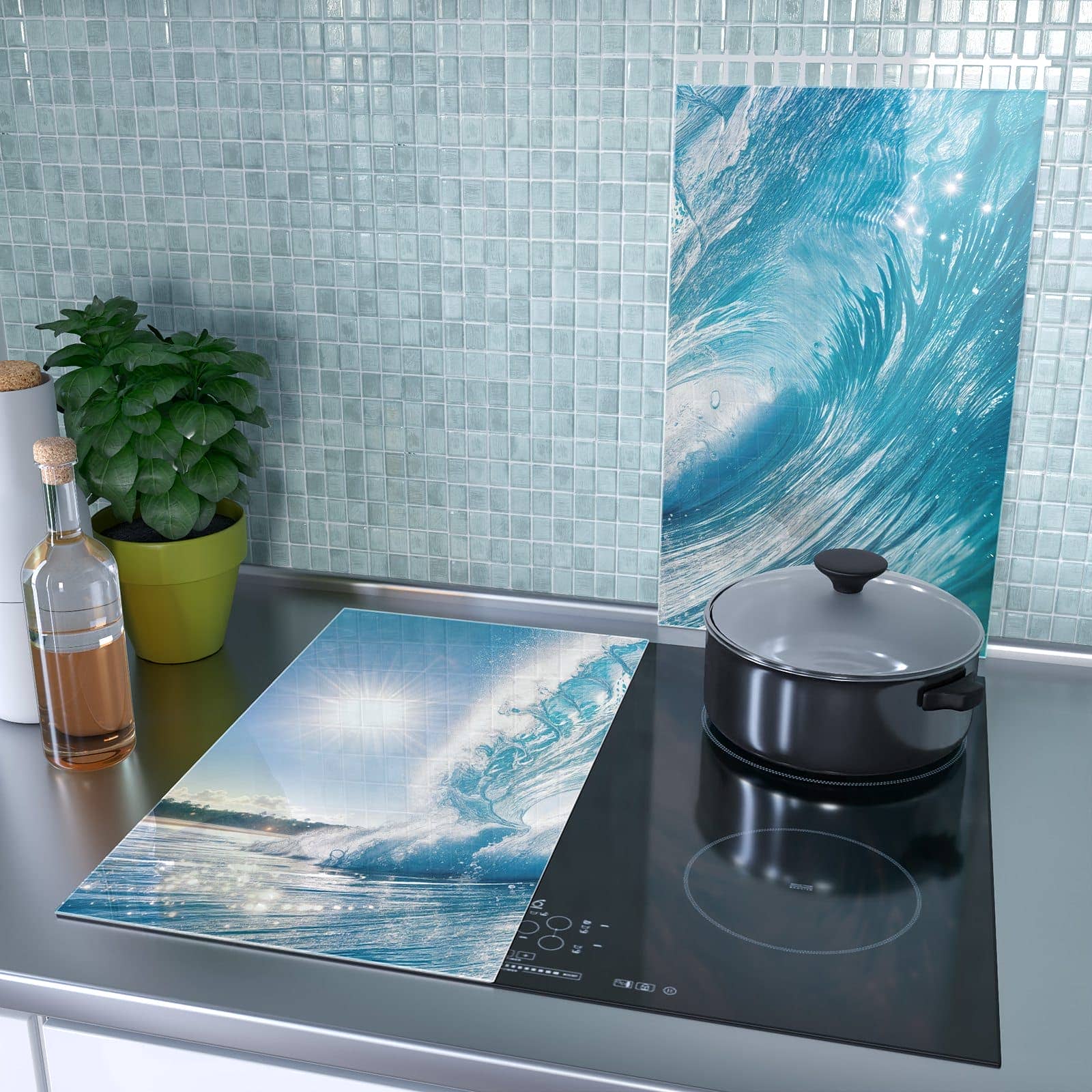2-teilige Herdabdeckplatte aus Glas mit Riesige Welle Strand-Motiv als Spritzschutz hinter dem Kochfeld