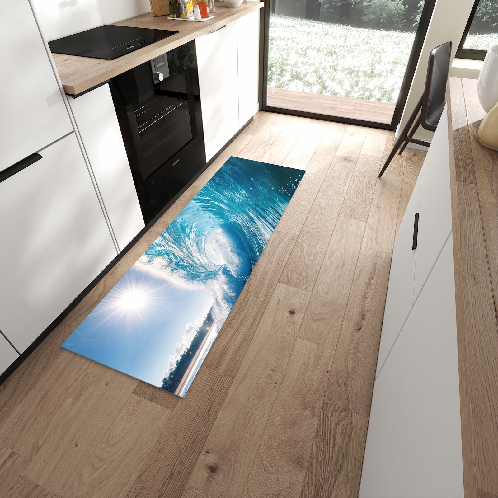 Rutschfester Küchenläufer mit Motiv Riesige Welle Strand in moderner Küche