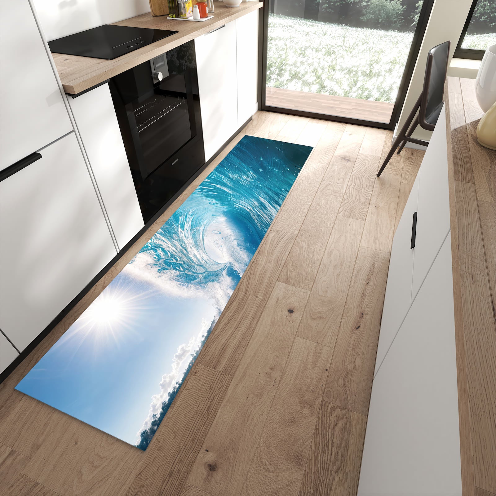 Feuchtigkeitsresistenter Küchenläufer mit Motiv Riesige Welle Strand in moderner Küche