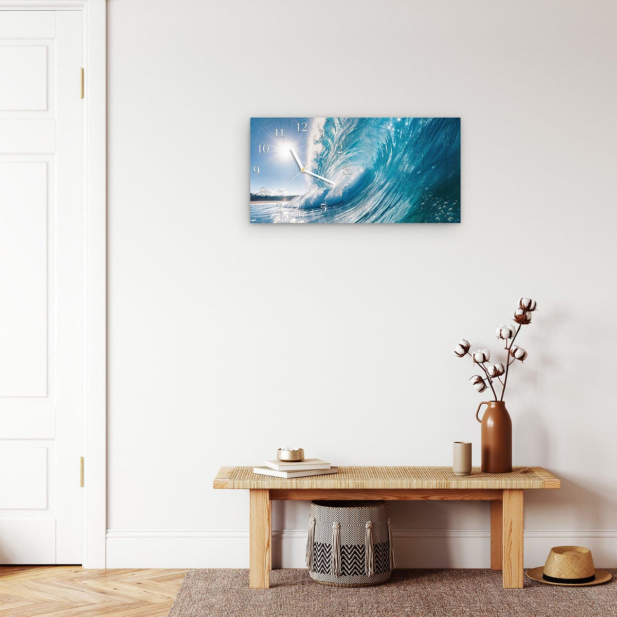 Moderne Wanduhr aus Glas mit Farbtiefe – Wanduhr Riesige Welle Strand aus Glas – Querformat 60 × 30 cm
