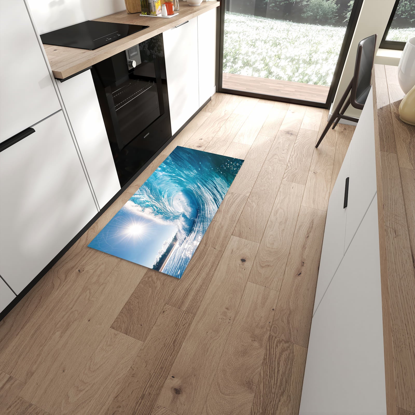 Waschbarer Küchenteppich mit Motiv Riesige Welle Strand in moderner Küche #grösse_60 x 120 cm