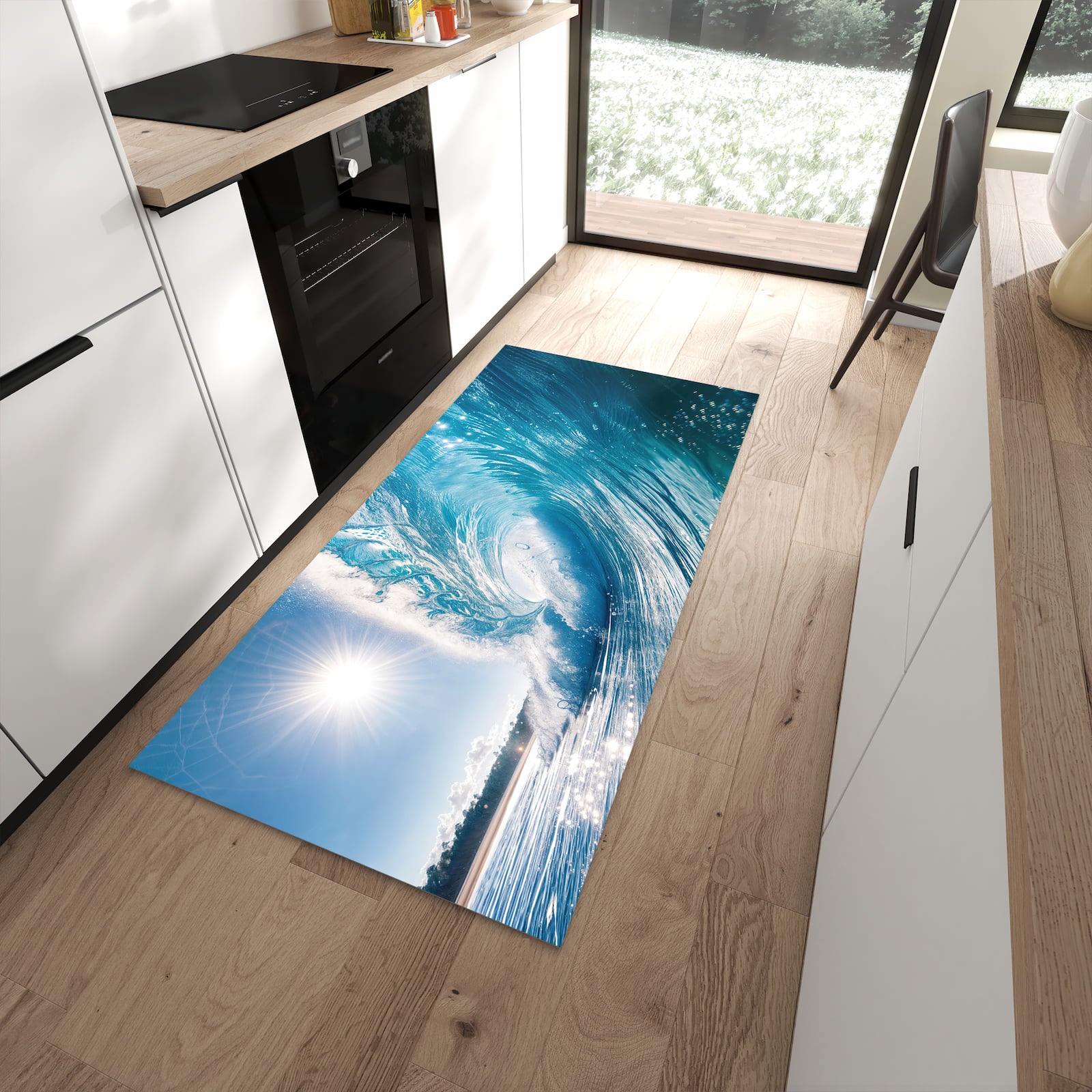 Geräuschdämpfender waschbarer Küchenläufer mit Motiv Riesige Welle Strand in moderner Küche