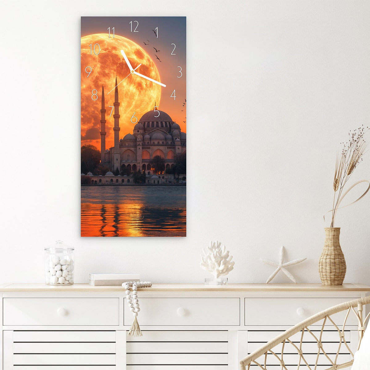 Wanduhr Mond über Istanbul aus Glas – Vollmond über Moschee-Silhouetten