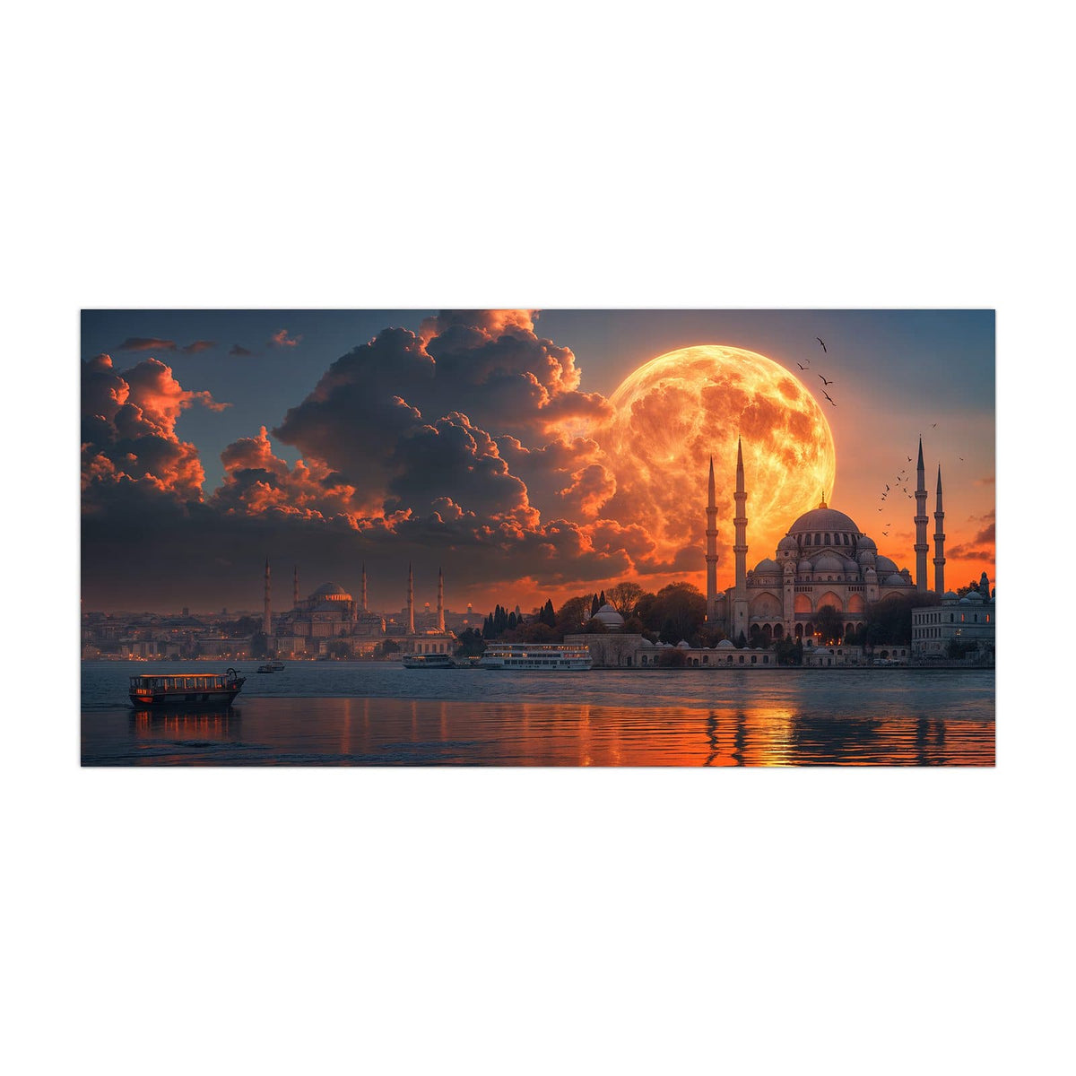Küchenrückwand aus Glas Mond über der Moschee im Hochformat, Motiv bildfüllend von vorn