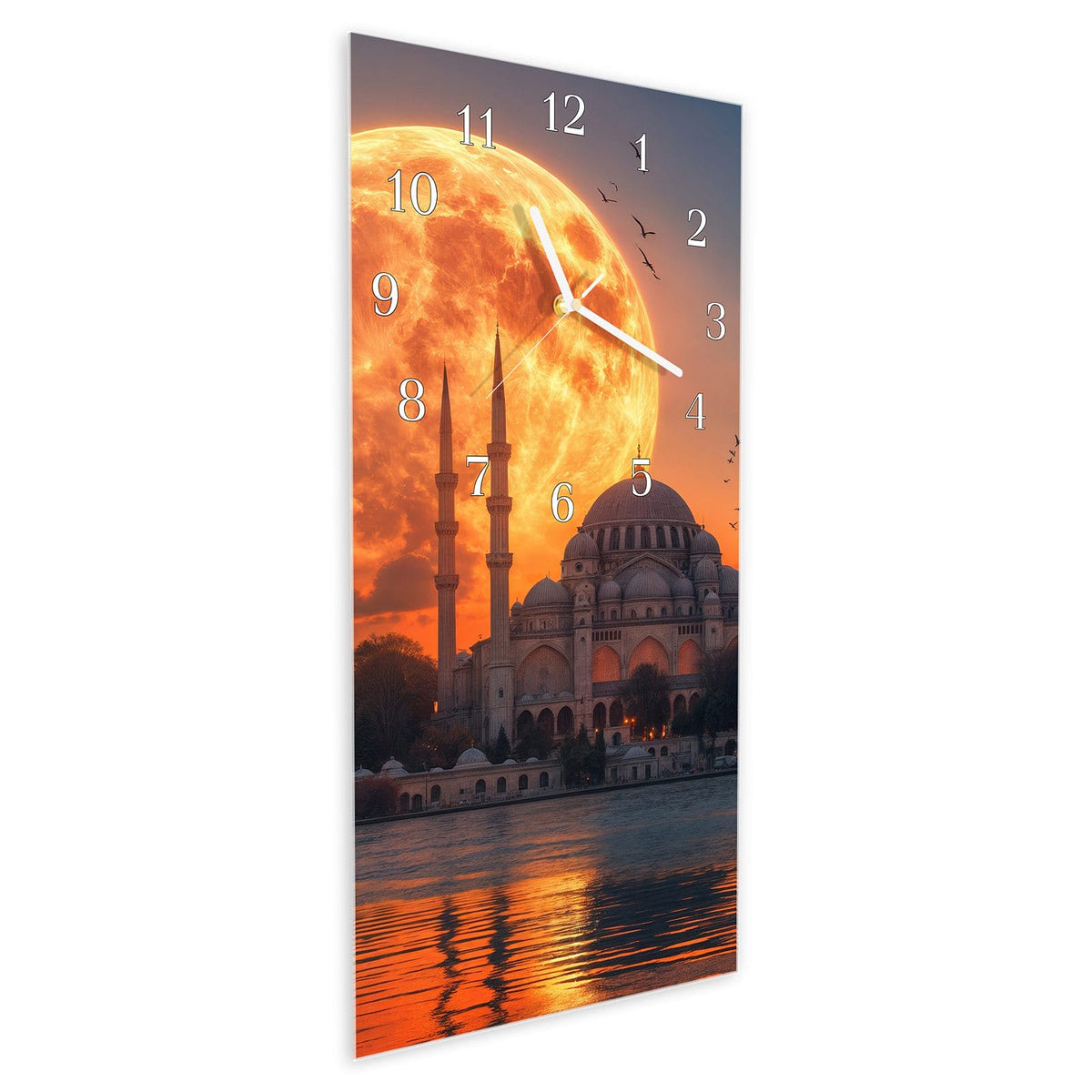 Vormontiert – mit Schwebeeffekt – Wanduhr Mond über Istanbul aus Glas – Hochformat 30 × 60 cm