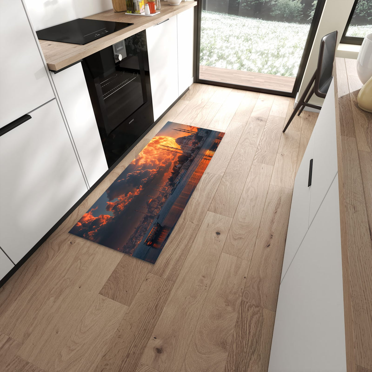 Fleckenresistenter rutschfester Küchenteppich mit Motiv Mond über Istanbul in moderner Küche #grösse_60 x 150 cm