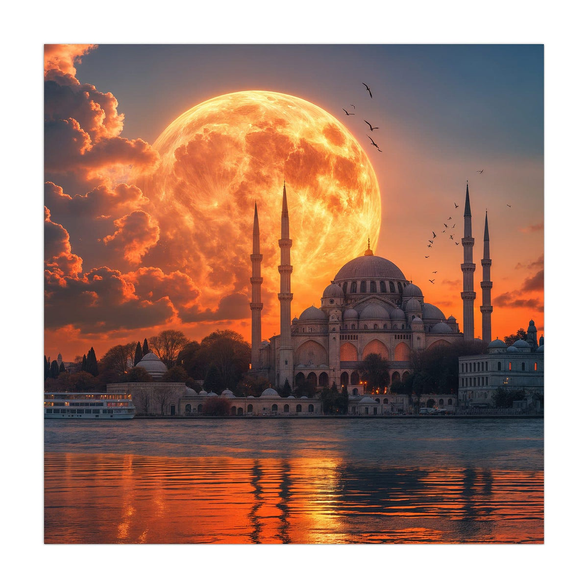 Riesiger orangeroter Mond hinter Moschee mit Kuppel und vier Minaretten, Spiegelung im Wasser