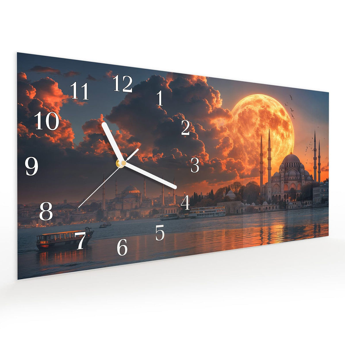 Vormontiert – mit Schwebeeffekt – Wanduhr Mond über Istanbul aus Glas – Querformat 60 × 30 cm