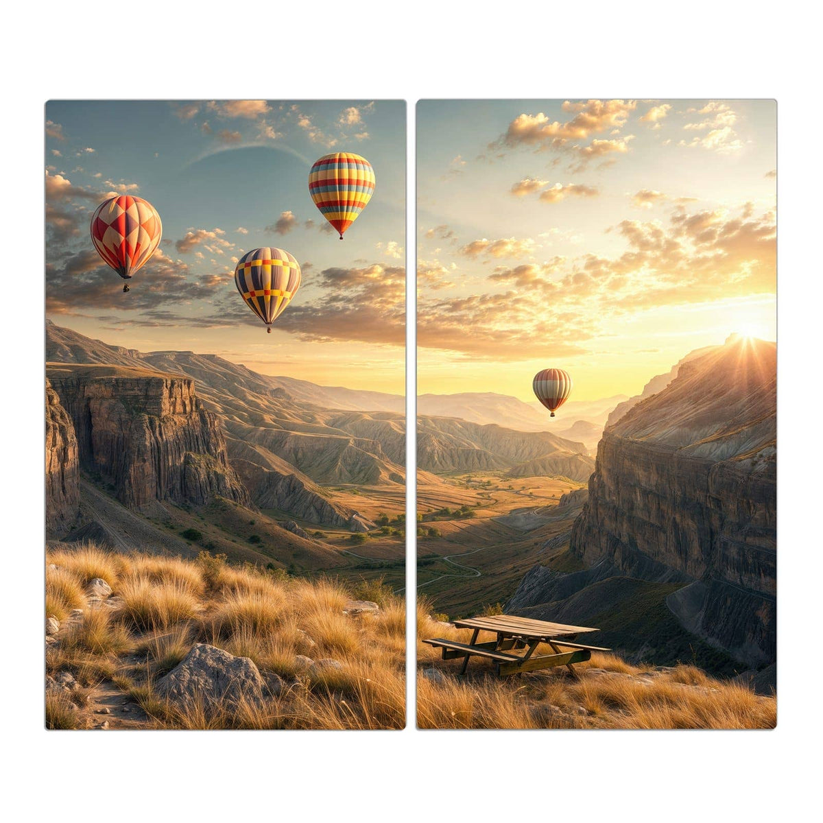 Vier Heißluftballons über einer Canyonlandschaft im Abendlicht, Picknicktisch im Vordergrund