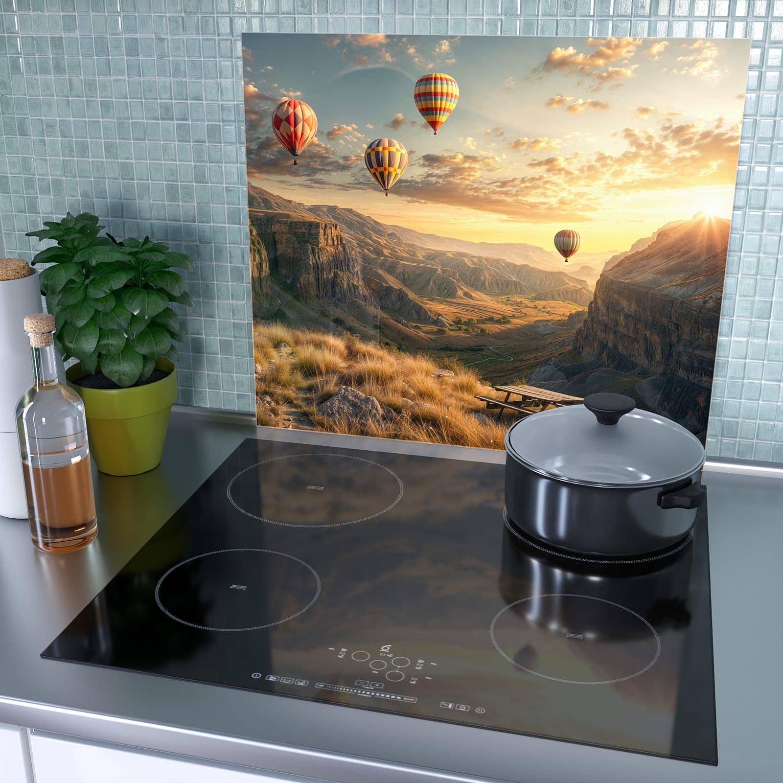 1-teilige Herdabdeckplatte mit Landschaft mit Ballons-Motiv als Spritzschutz hinter dem Kochfeld