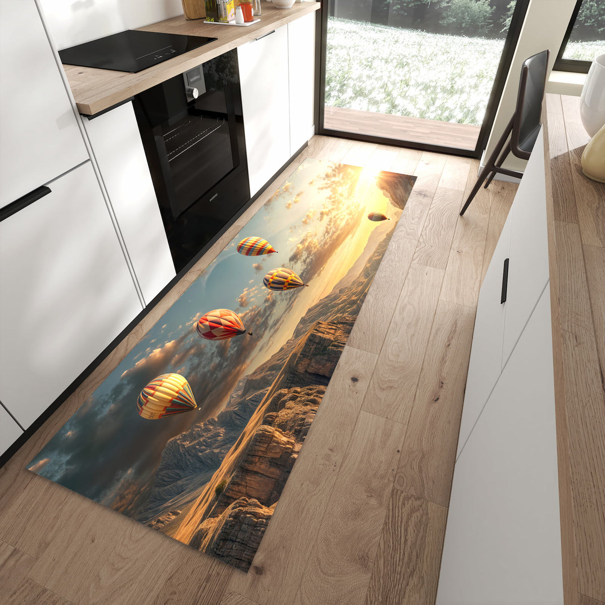 Zeitsparender rutschfester Läufer mit Motiv Landschaft mit Ballons in moderner Küche