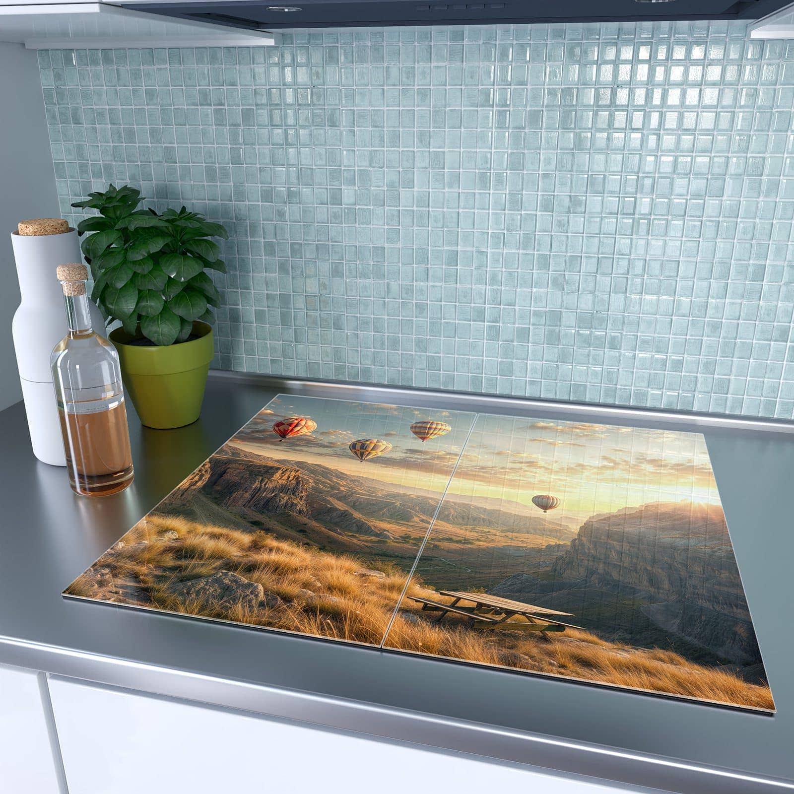 2-teilige Abdeckplatten für Ceranfeld mit Landschaft mit Ballons-Motiv auf dem Ceranfeld