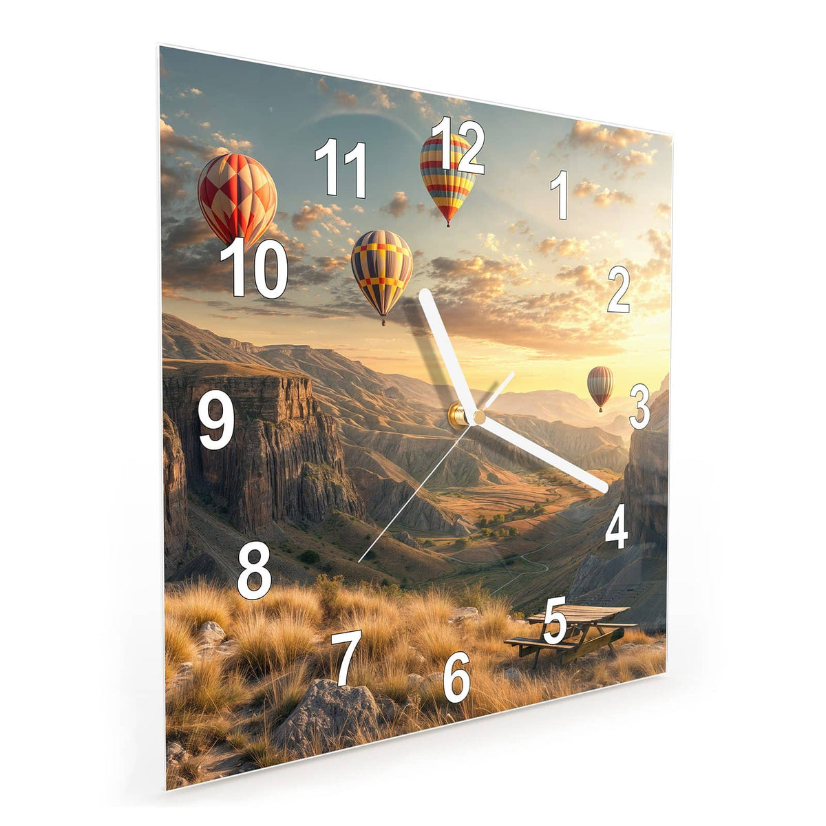 Quadratische Wanduhr aus Glas Heißluftballons schräg von der Seite, 4 mm starkes Glas
