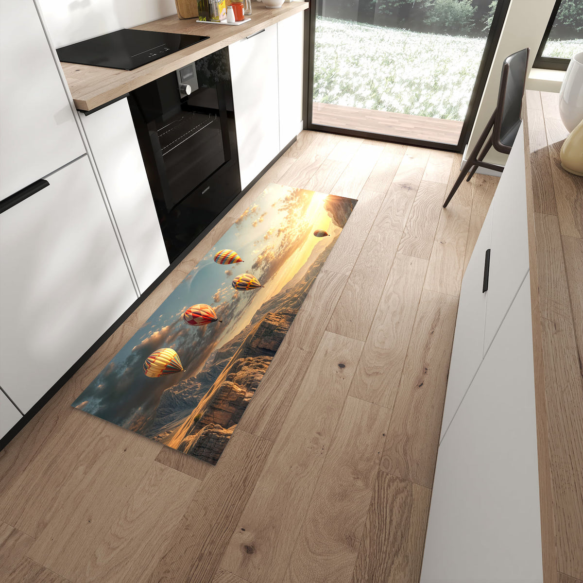 Bodenschonender Küchenteppich mit Motiv Landschaft mit Ballons in moderner Küche