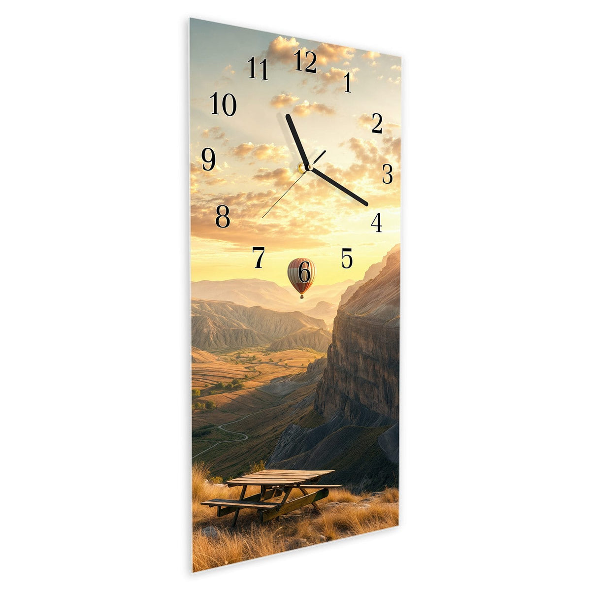 Vormontiert – mit Schwebeeffekt – Wanduhr Landschaft mit Ballons aus Glas – Hochformat 30 × 60 cm