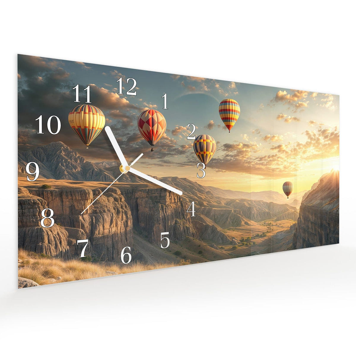 Vormontiert – mit Schwebeeffekt – Wanduhr Landschaft mit Ballons aus Glas – Querformat 60 × 30 cm