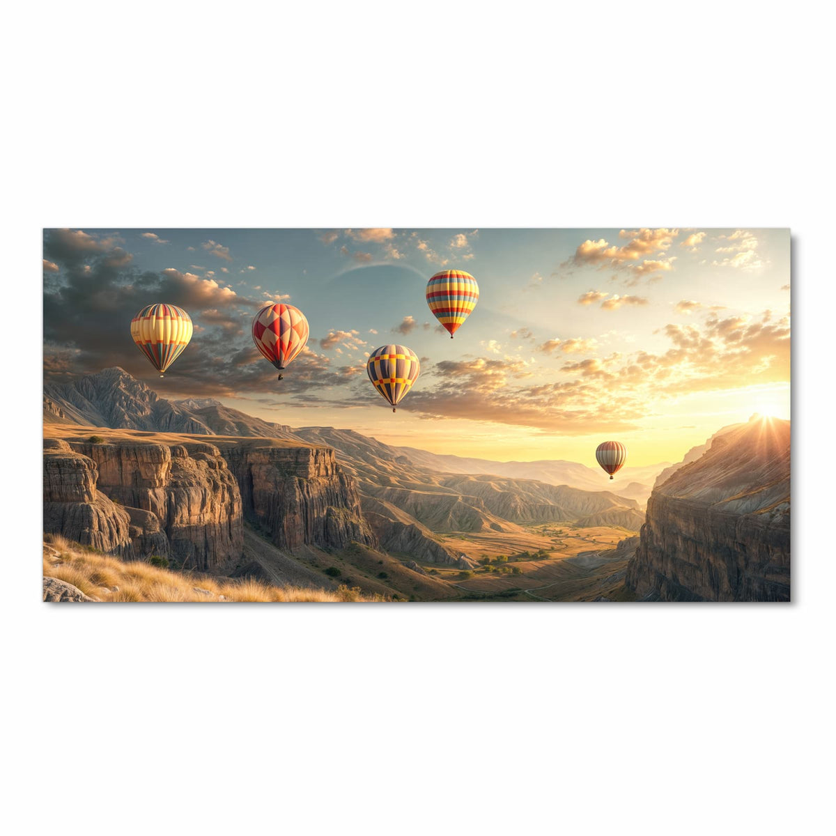 Waschbarer Küchenläufer mit Motiv Landschaft mit Ballons in Frontansicht für angenehme Haptik