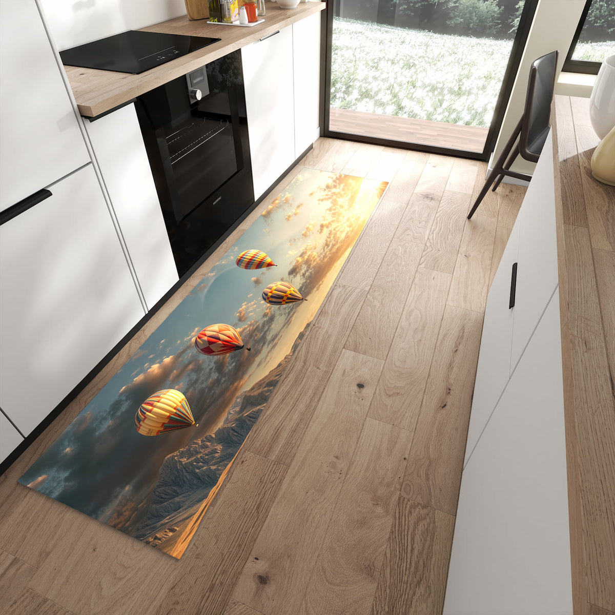 Ordnungsschaffender Teppichläufer mit Motiv Landschaft mit Ballons in moderner Küche