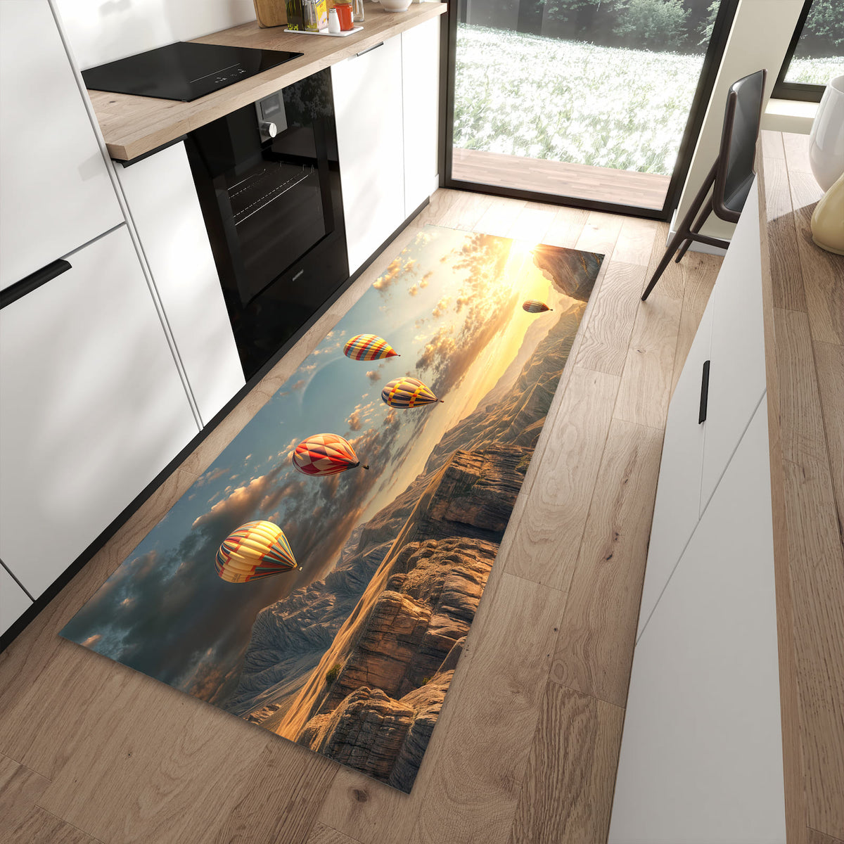 Küchenteppich mit Motiv Landschaft mit Ballons für Trittkomfort in moderner Küche, waschbar