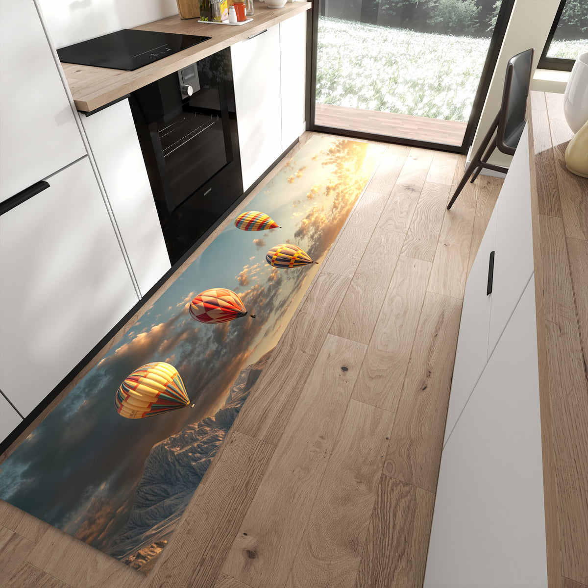 Farbbeständiger waschbarer Küchenläufer mit Motiv Landschaft mit Ballons in moderner Küche