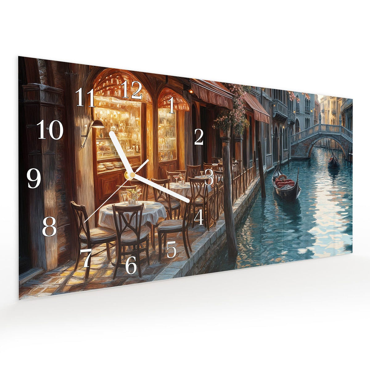 Vormontiert – mit Schwebeeffekt – Wanduhr Sonnenuntergang Venedig aus Glas – Querformat 60 × 30 cm