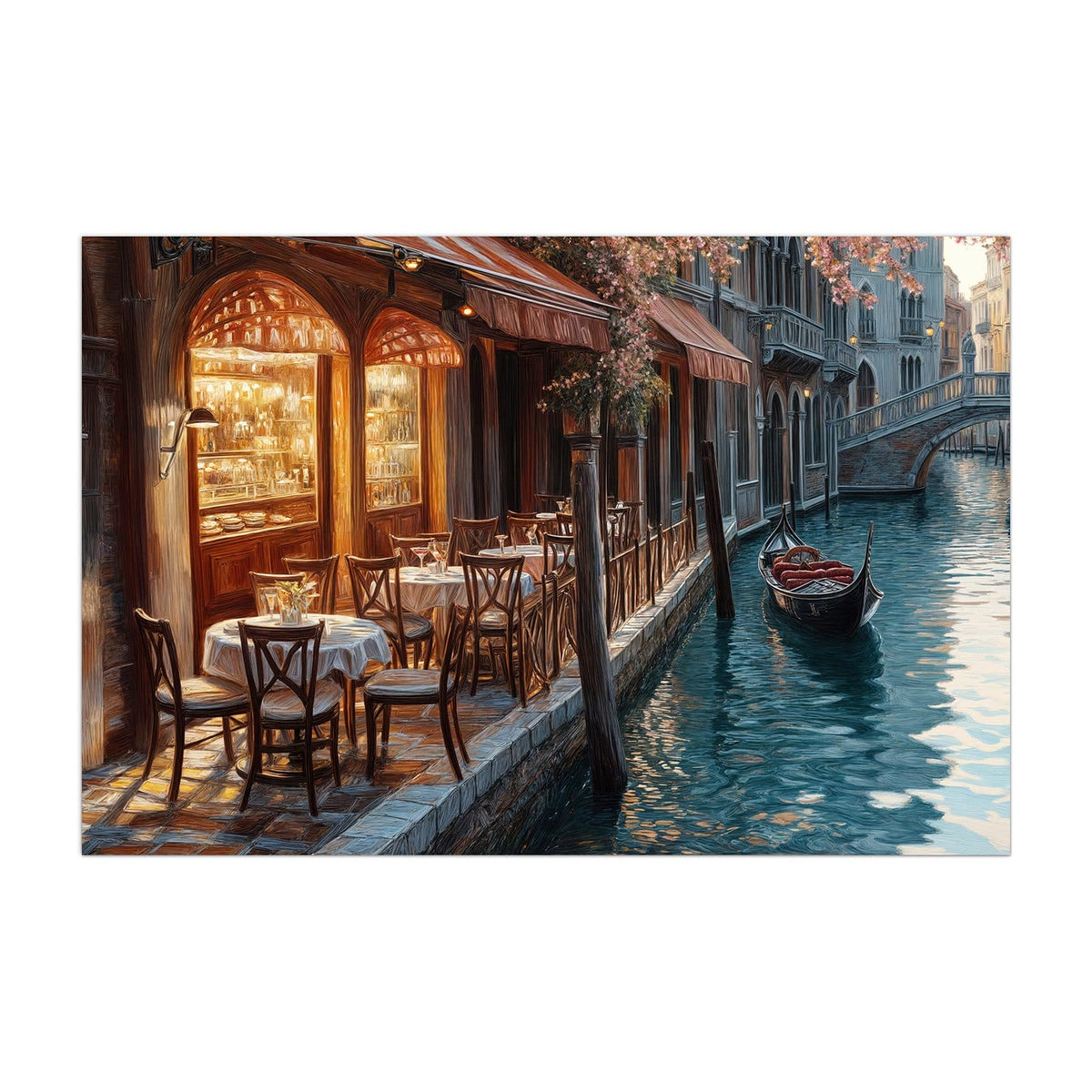 Küchenrückwand aus Glas Kanalcafé in Venedig im Hochformat, Motiv bildfüllend von vorn
