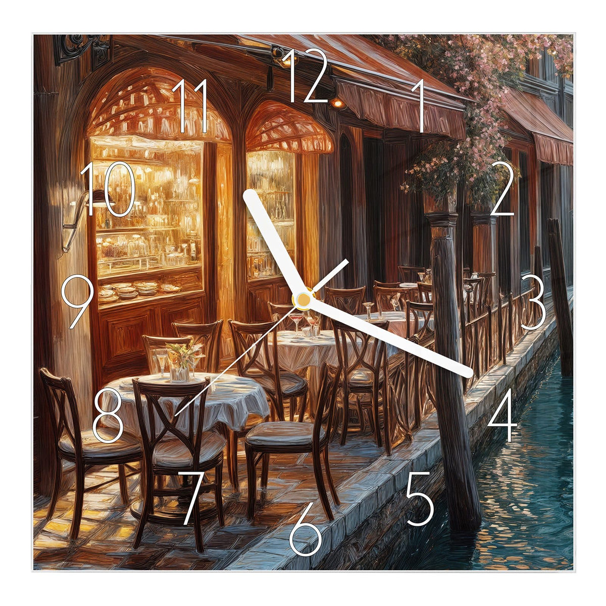Wanduhr aus Glas, Ziffernblatt Elegant mit Motiv Kanalcafé in Venedig: Venezianisches Café am Kanal: gedeckte Tische #ziffernblatt_Elegant