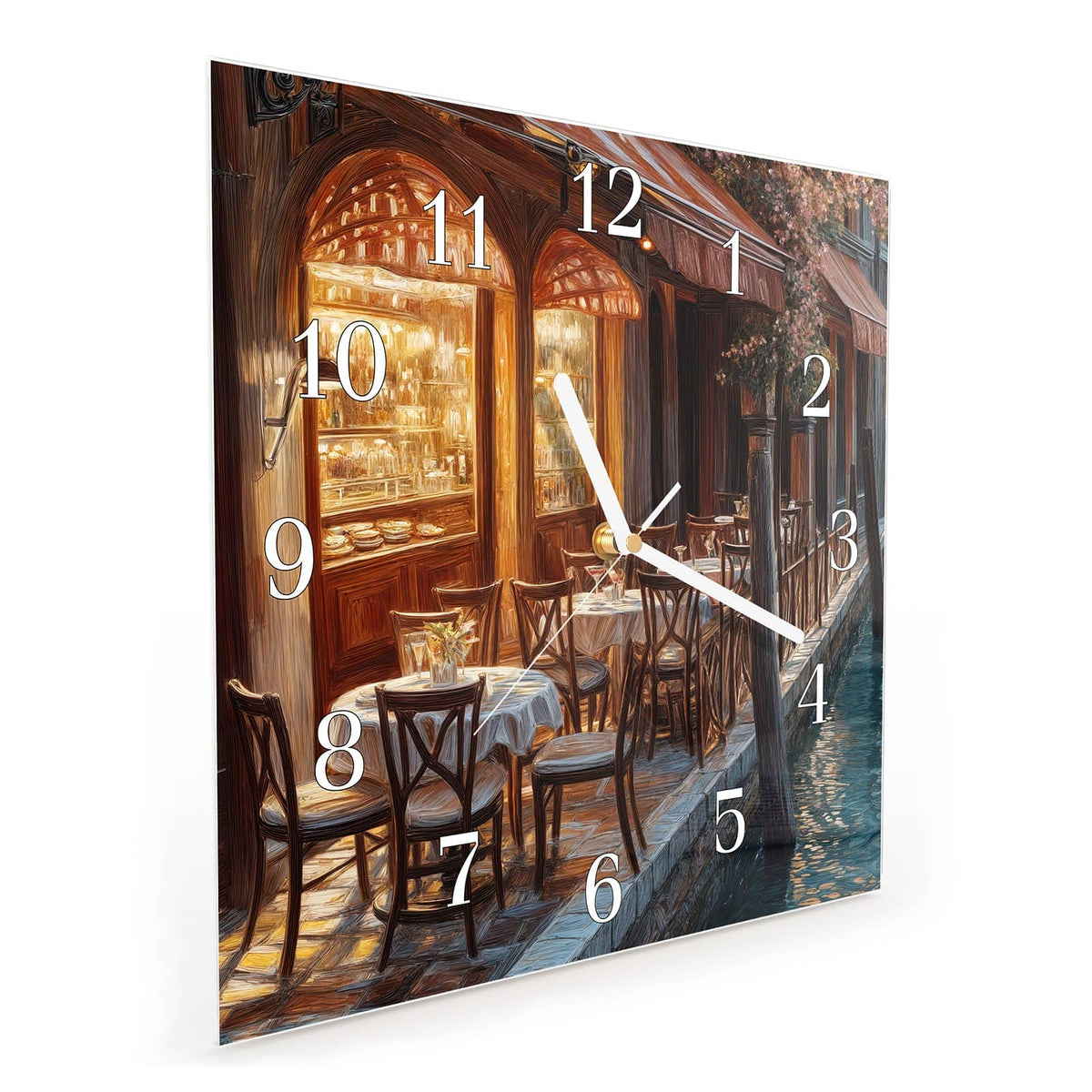 Quadratische Wanduhr aus Glas Kanalcafé in Venedig schräg von der Seite, 4 mm starkes Glas