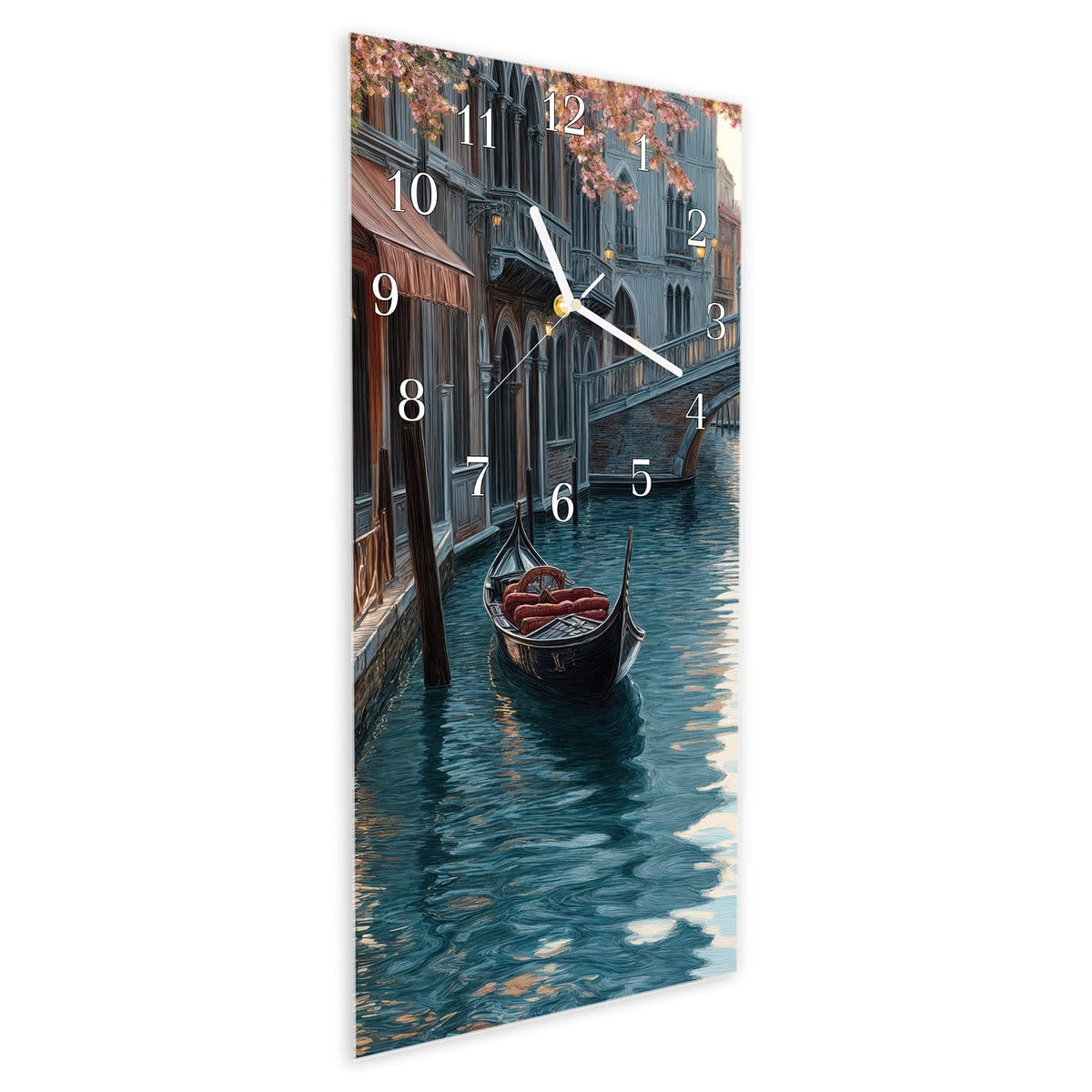 Vormontiert – mit Schwebeeffekt – Wanduhr Sonnenuntergang Venedig aus Glas – Hochformat 30 × 60 cm