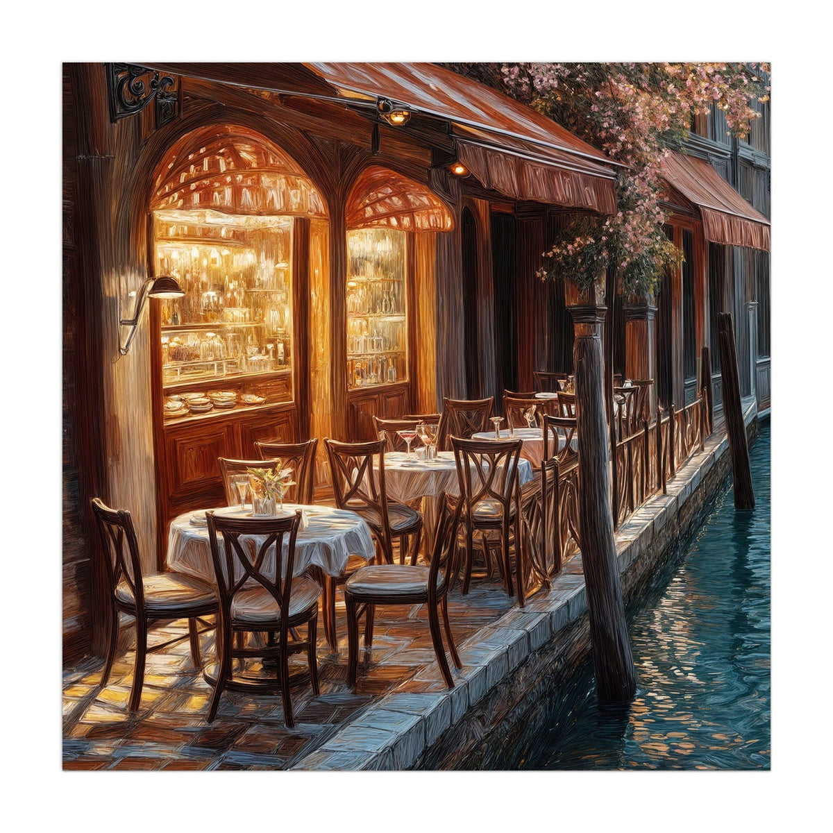 Venezianisches Café am Kanal: gedeckte Tische, Stühle und warm erleuchtete Fenster am Wasser