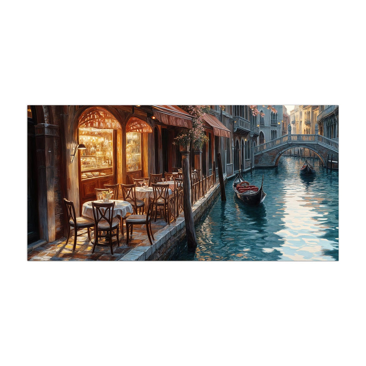 Küchenrückwand aus Glas Kanalcafé in Venedig im Hochformat, Motiv bildfüllend von vorn