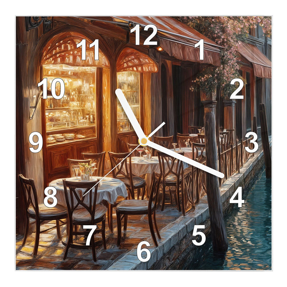 Wanduhr aus Glas, Ziffernblatt Modern mit Motiv Kanalcafé in Venedig: Venezianisches Café am Kanal: gedeckte Tische #ziffernblatt_Modern