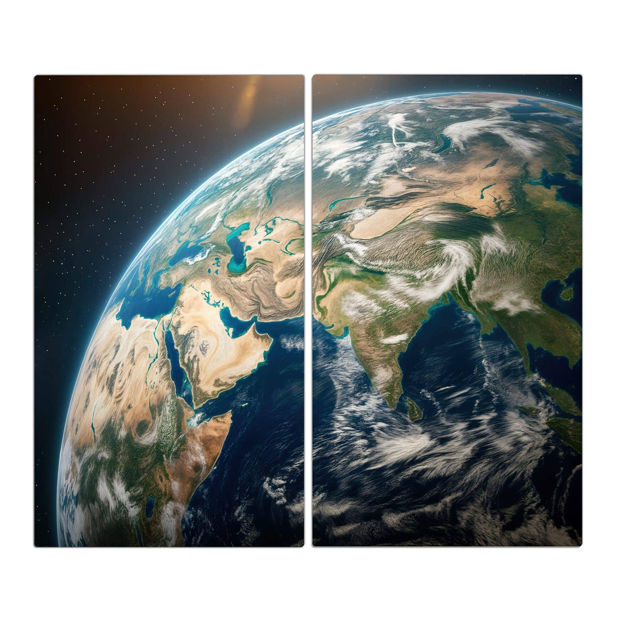 Erdkugel groß im Bild mit Arabien, Asien und Wolkenbändern, kaum Sterne