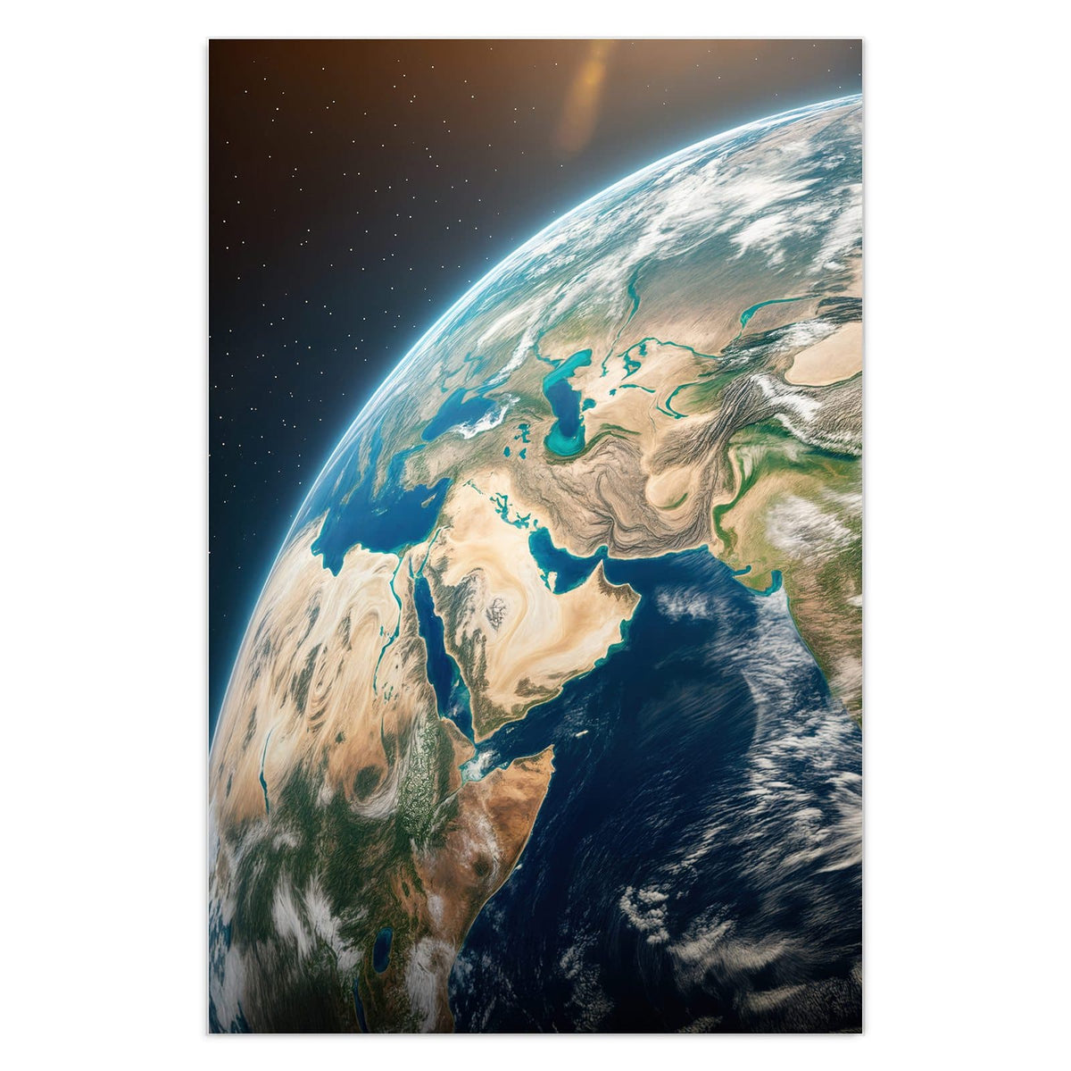 Erdkugel groß im Bild mit Arabien, Asien und Wolkenbändern, kaum Sterne