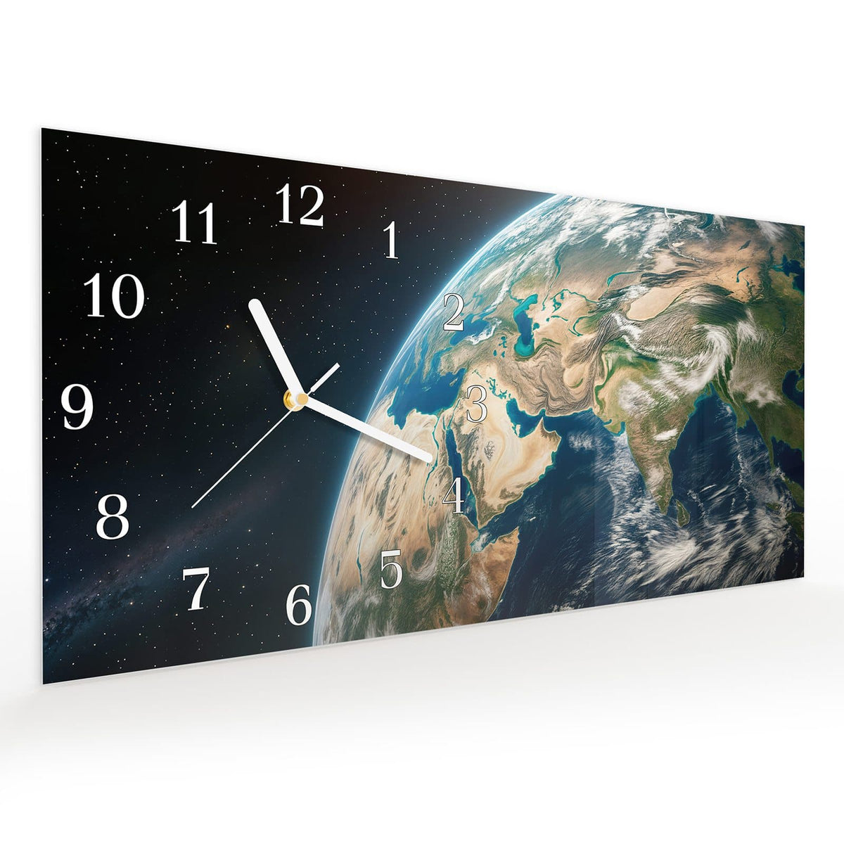 Vormontiert – mit Schwebeeffekt – Wanduhr Sanfte Erde aus dem All aus Glas – Querformat 60 × 30 cm