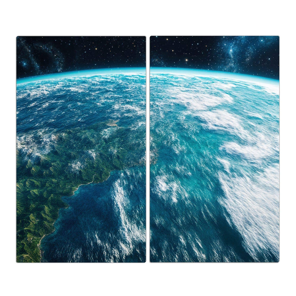Erde aus niedriger Umlaufbahn, türkise Ozeane, grüne Küste, Wolkenbänder, Sterne am Horizont
