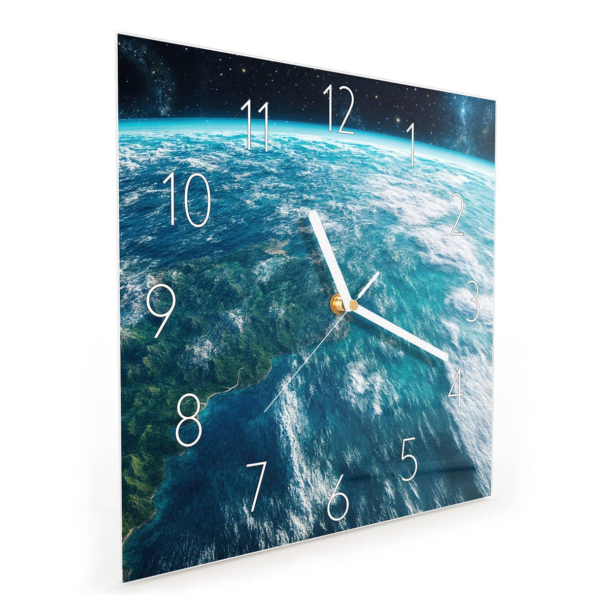 Quadratische Wanduhr aus Glas Ozeane aus dem Orbit schräg von der Seite, 4 mm starkes Glas