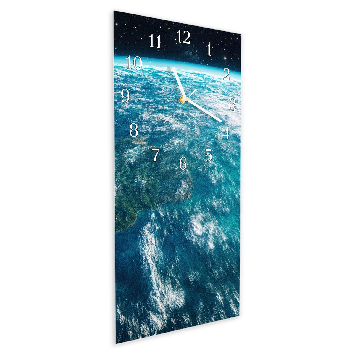 Vormontiert – mit Schwebeeffekt – Wanduhr Wunderschöne Erde aus Glas – Hochformat 30 × 60 cm