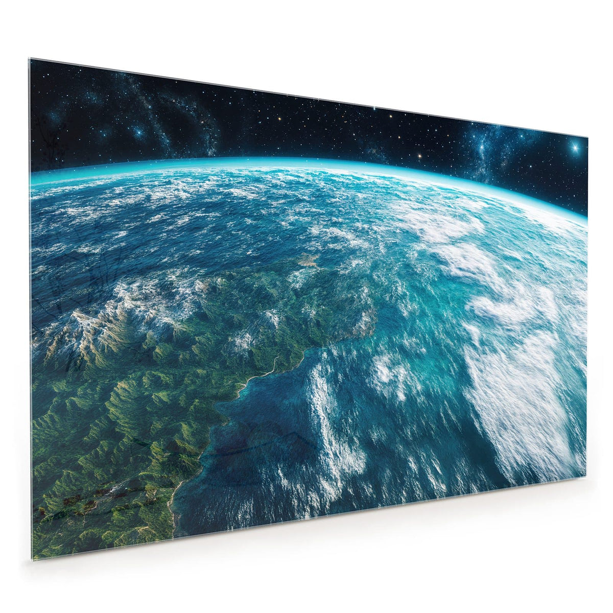 Küchenrückwand aus Glas im Hochformat mit Motiv Ozeane aus dem Orbit: Erde aus niedriger Umlaufbahn, türkise Ozeane, grüne Küste, Wolkenbänder