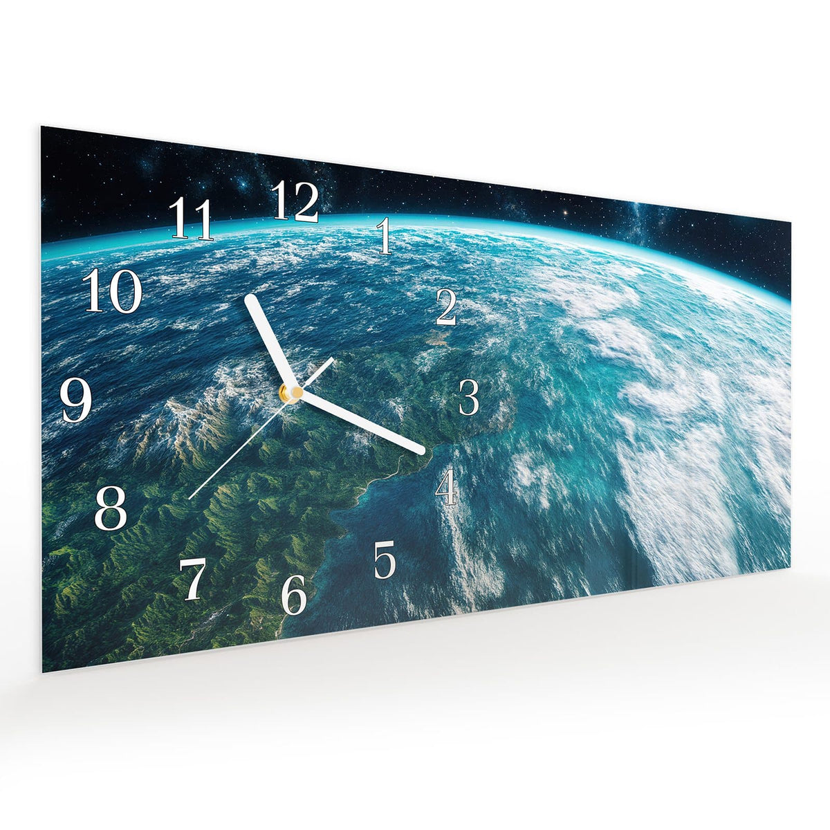 Vormontiert – mit Schwebeeffekt – Wanduhr Wunderschöne Erde aus Glas – Querformat 60 × 30 cm