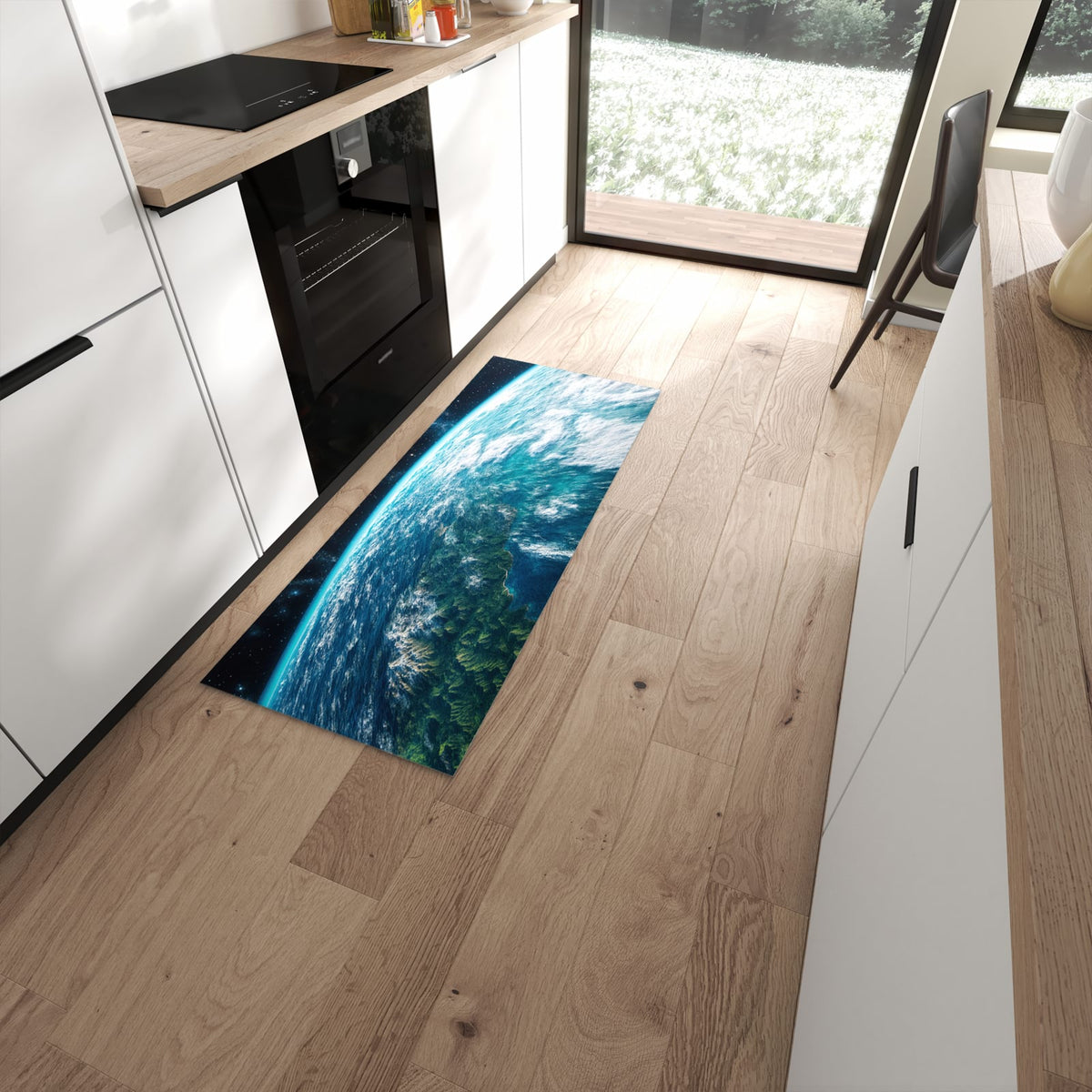 Flacher Bodenläufer mit Motiv Wunderschöne Erde in moderner Küche #grösse_60 x 150 cm