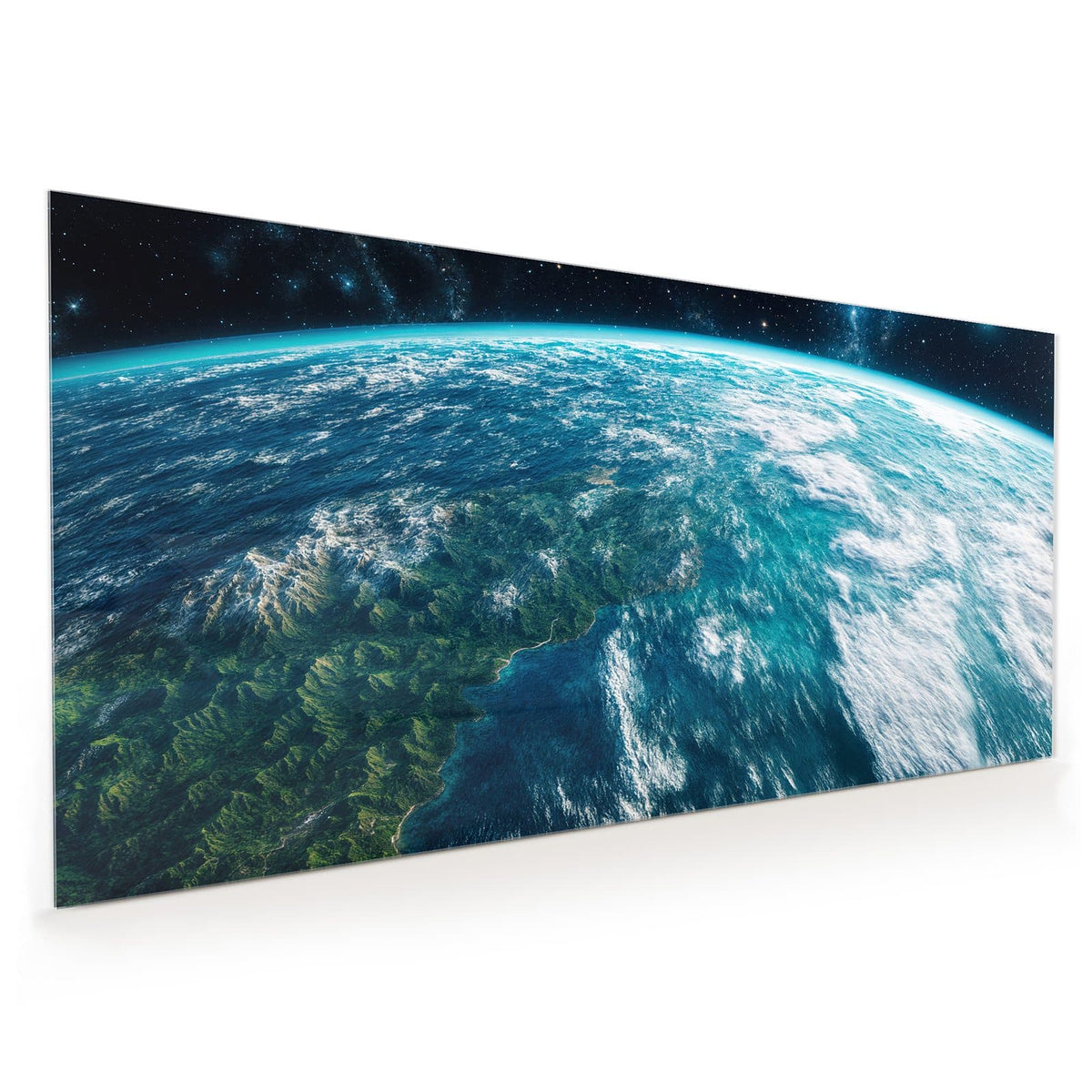 Küchenrückwand aus Glas im Hochformat mit Motiv Ozeane aus dem Orbit: Erde aus niedriger Umlaufbahn, türkise Ozeane, grüne Küste, Wolkenbänder