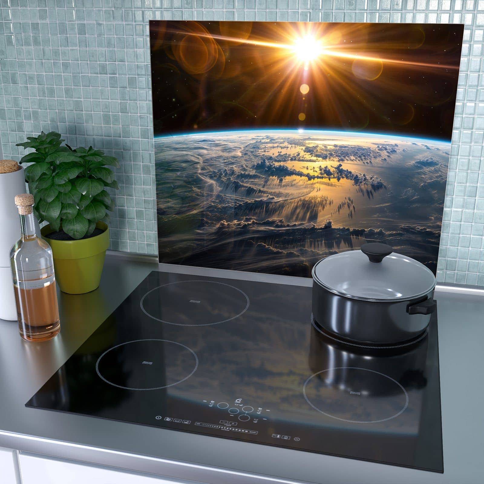 1-teilige Herdabdeckplatte mit Sonnenaufgang & Erde-Motiv als Spritzschutz hinter dem Kochfeld