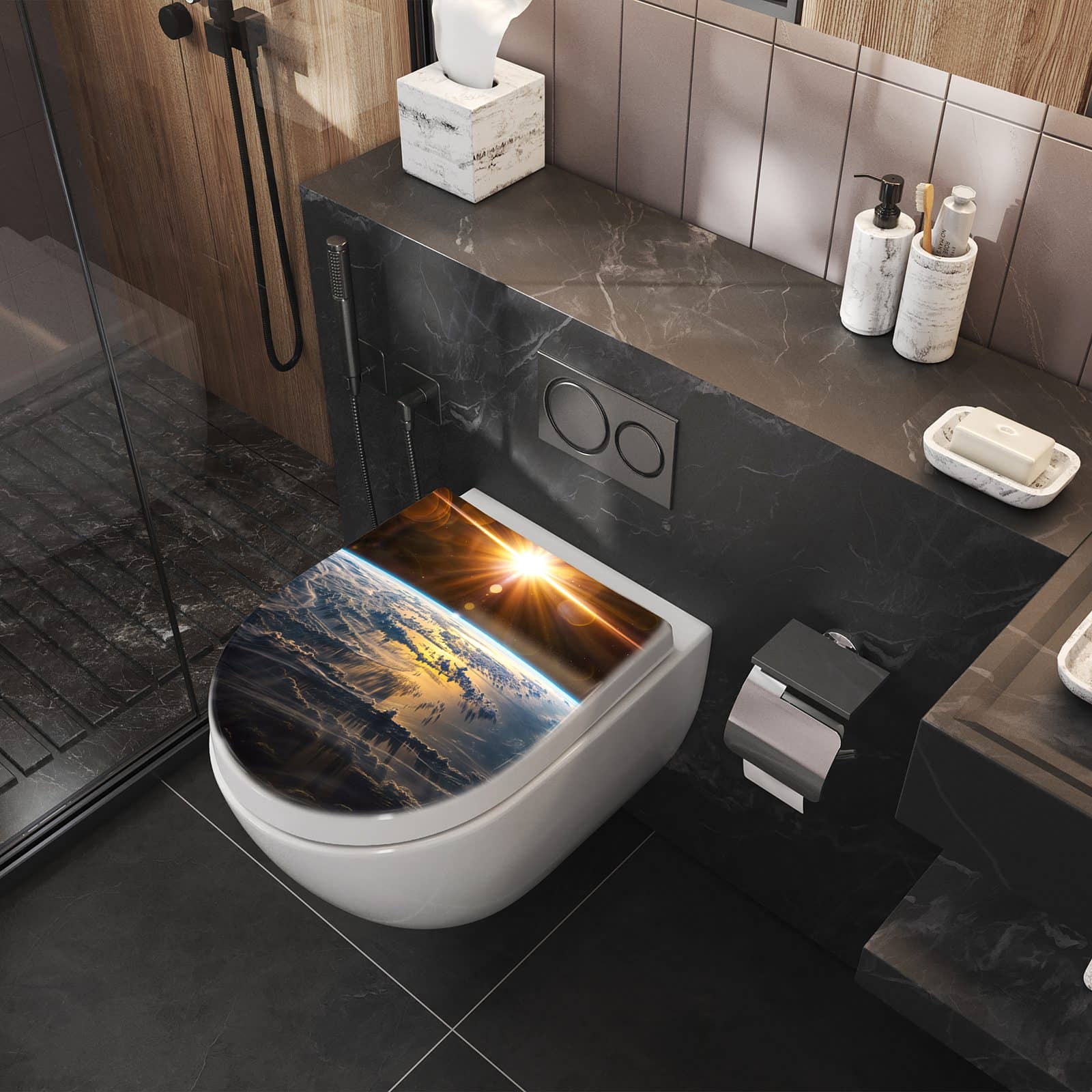 Strapazierfähiger WC-Sitz mit D-Form und Absenkautomatik mit Motiv Sonnenaufgang & Erde im Badezimmer seitliche Perspektive