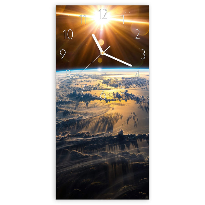 Wanduhr Sonnenaufgang & Erde aus Glas – Hochformat 30 × 60 cm mit Ziffernblatt Elegant