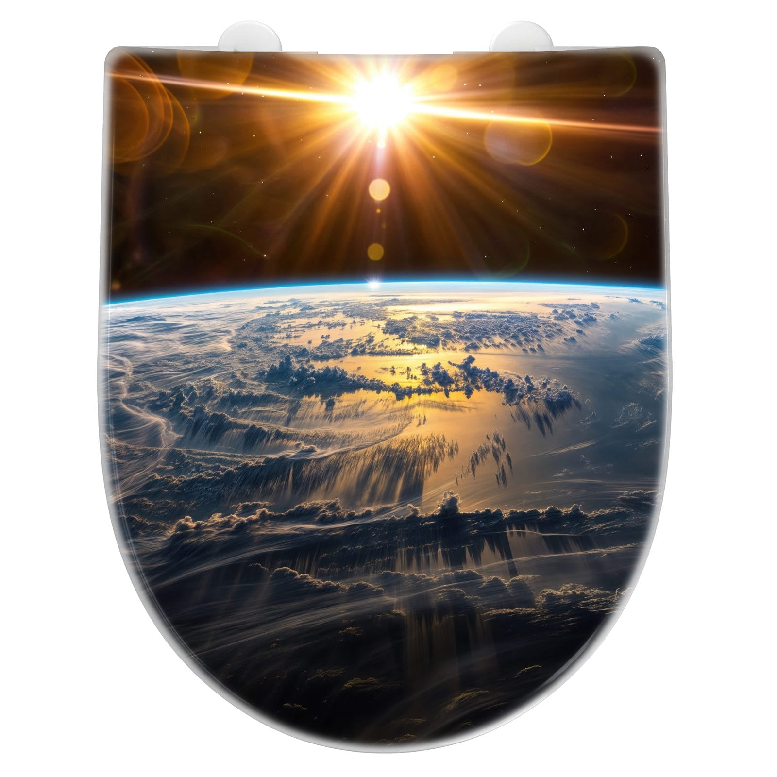Belastbarer WC-Sitz mit Absenkautomatik und Motiv Sonnenaufgang & Erde von vorne