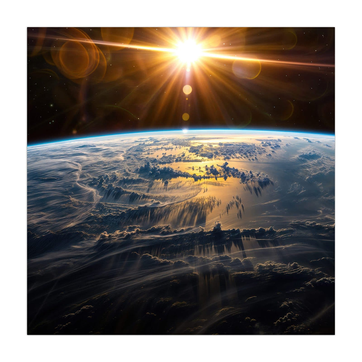 Sonne bricht als goldener Stern über der Erdkrümmung hervor, Wolkendecke darunter